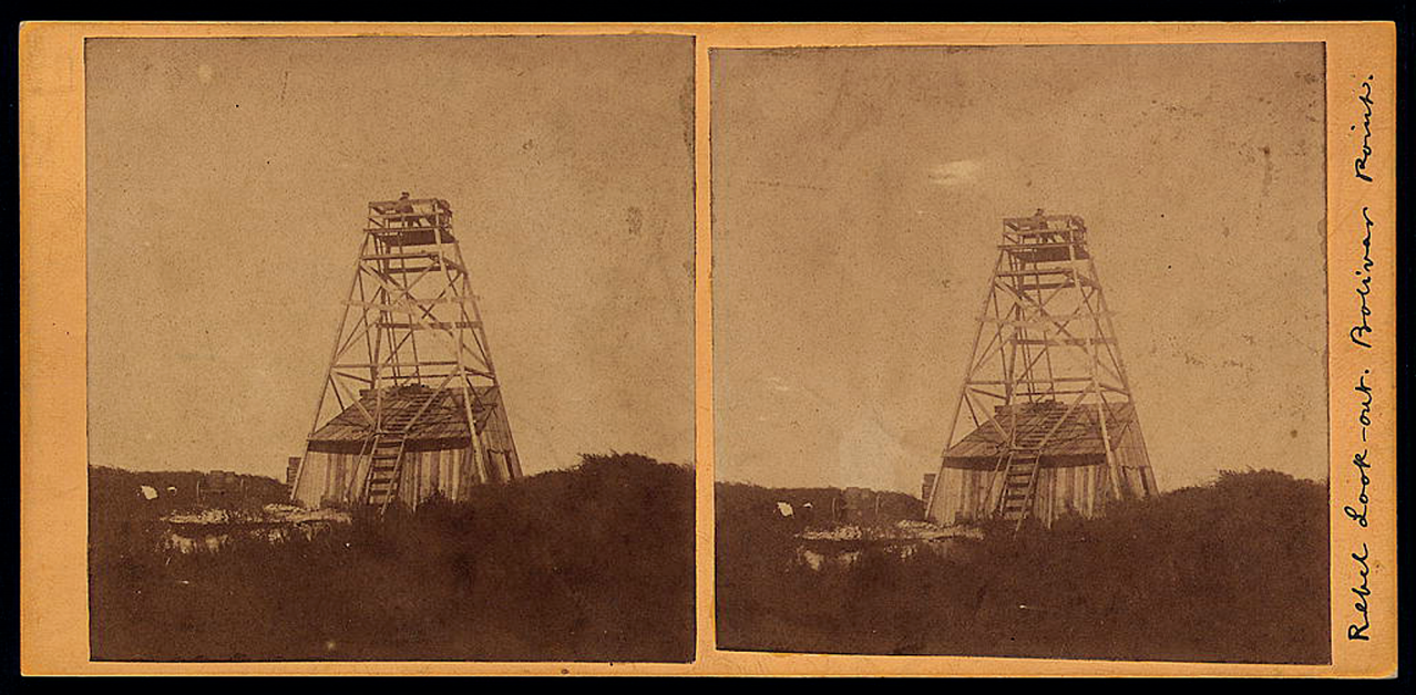 A soldier atop a Confederate lookout at Bolivar Point near Galveston